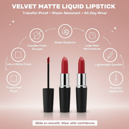 Velvet Matte Liquid Lipstick - Transfer Proof, Water Resistant, All-Day Wear