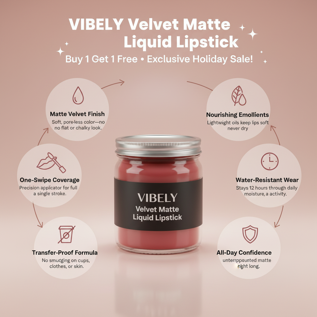 VIBELY Velvet Matte Liquid Lipstick - Transfer Proof, Water Resistant, All-Day Wear. Buy 1 Get 1 Free exclusive holiday sale!