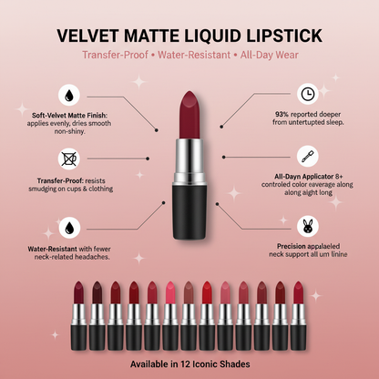 Velvet Matte Liquid Lipstick - Transfer Proof, Water Resistant, All-Day Wear